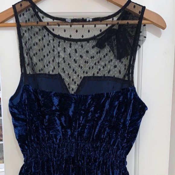 Crushed Blue Velvet cinched-waist mini dress with lace neckline & decal! - Picture 2 of 13
